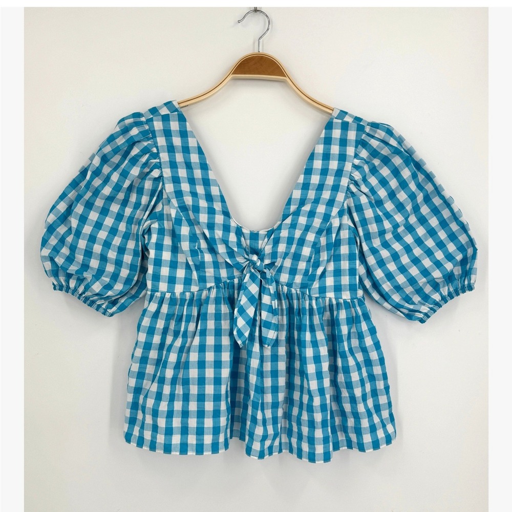 Lilly Pulitzer Womens Gingham Puff Sleeve Top Size 6 Blue Coastal Preppy Cottage